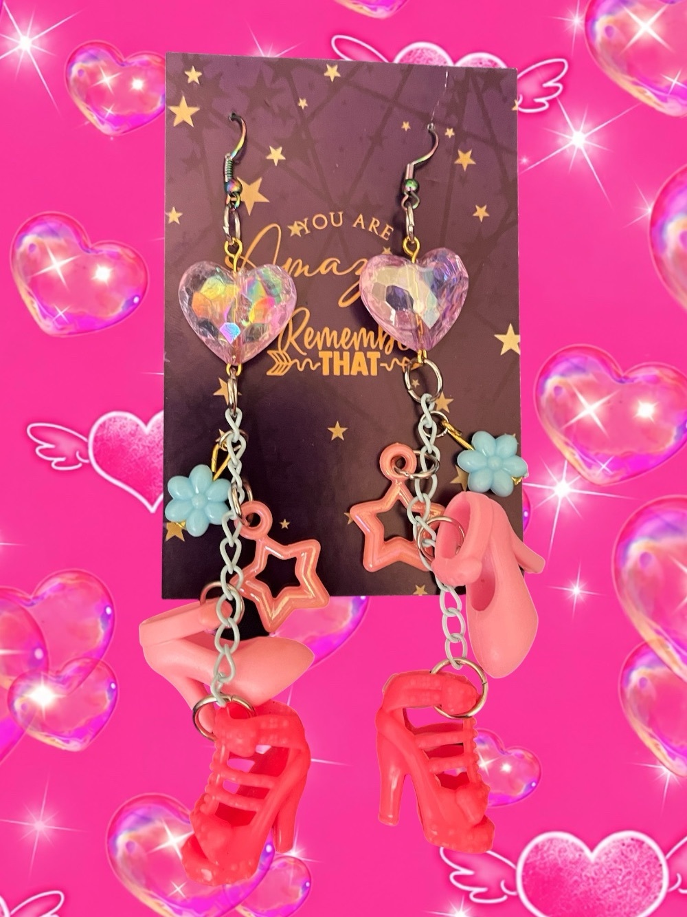 Iridescent Heart & Pink Charm Drop Earrings - Women Accessories